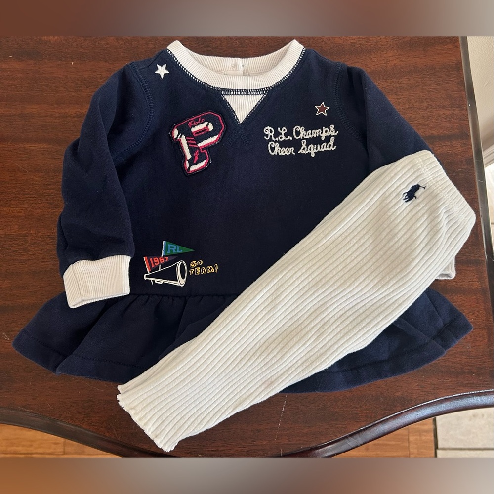 Ralph Lauren Baby Girls Navy Blue top with White Pants set